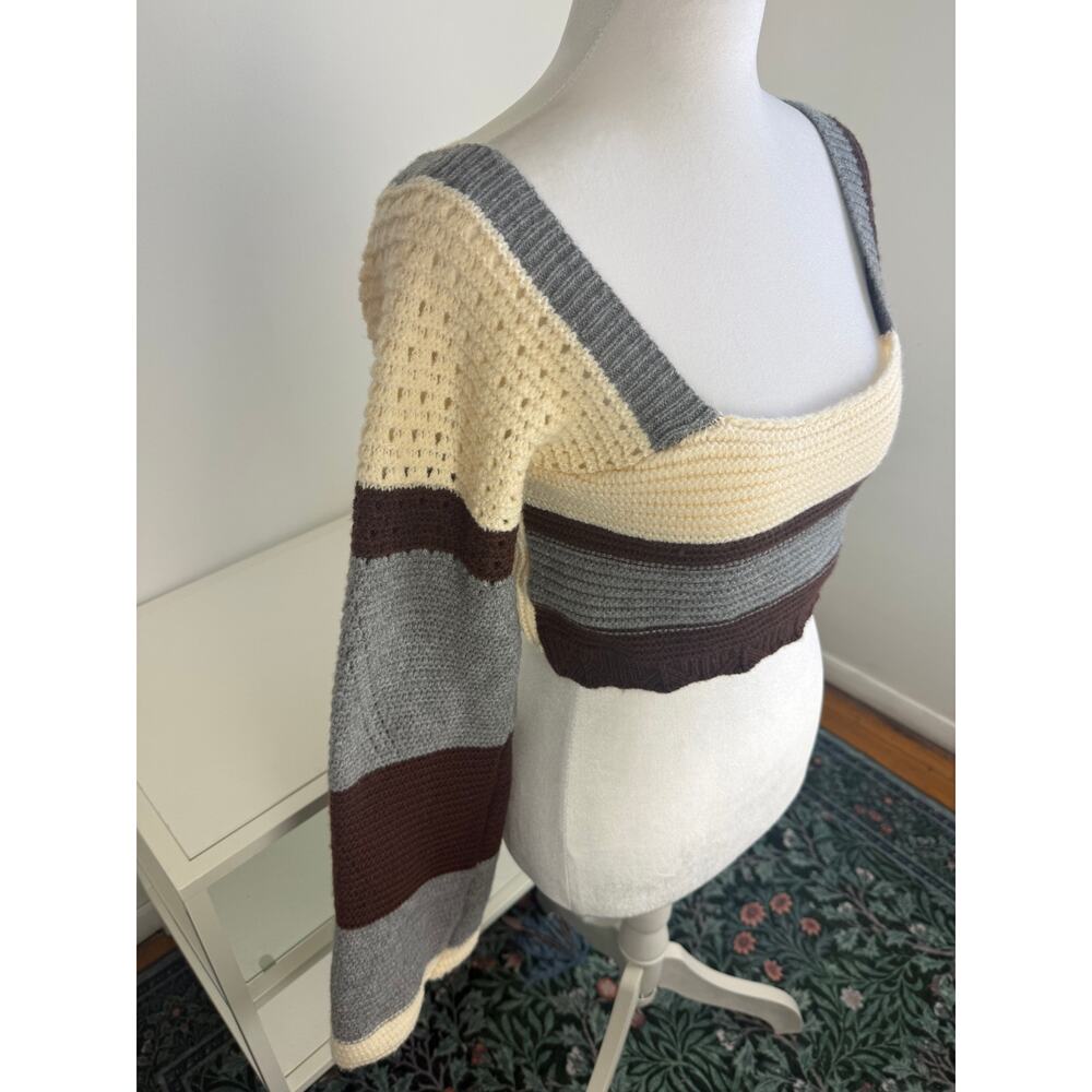 Womens Square Neck Long Bell Sleeve Color Block Sweater Crochet Knit Crop Top - Picture 3 of 8